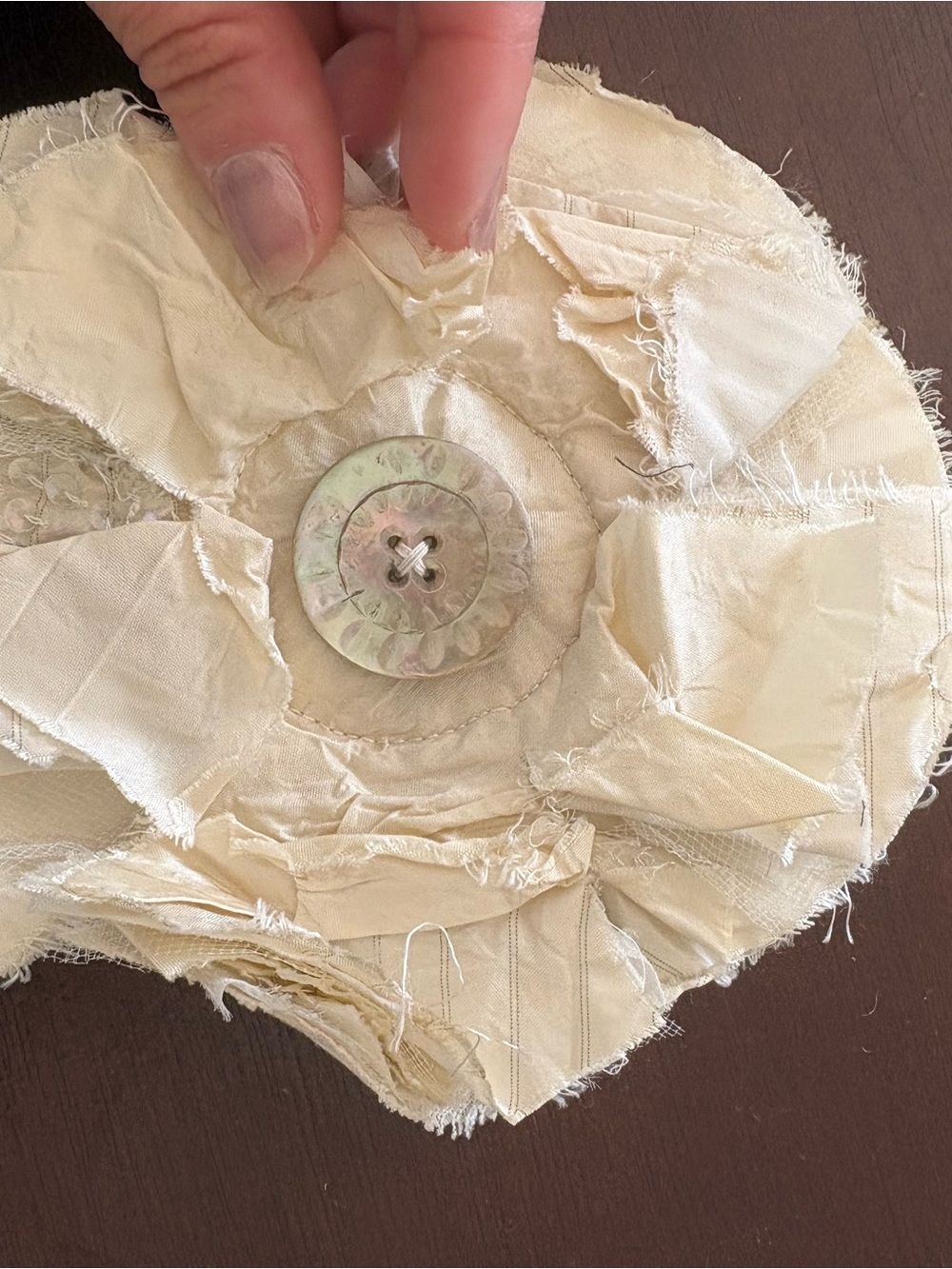 Elegant Cream Fabric Flower Brooch with Mother-of-Pearl Button